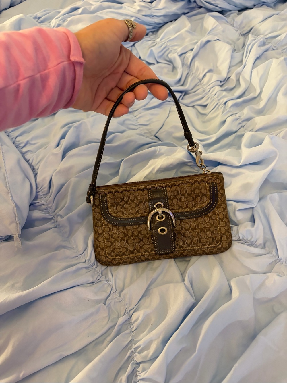 Coach Brown Signature Mini Wristlet with Buckle Detail